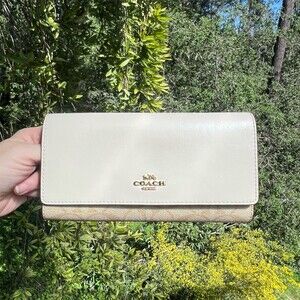 COACH Slim Trifold Khaki/Chalk Wallet Credit Card Holder Gold Hardware AUTHENTIC